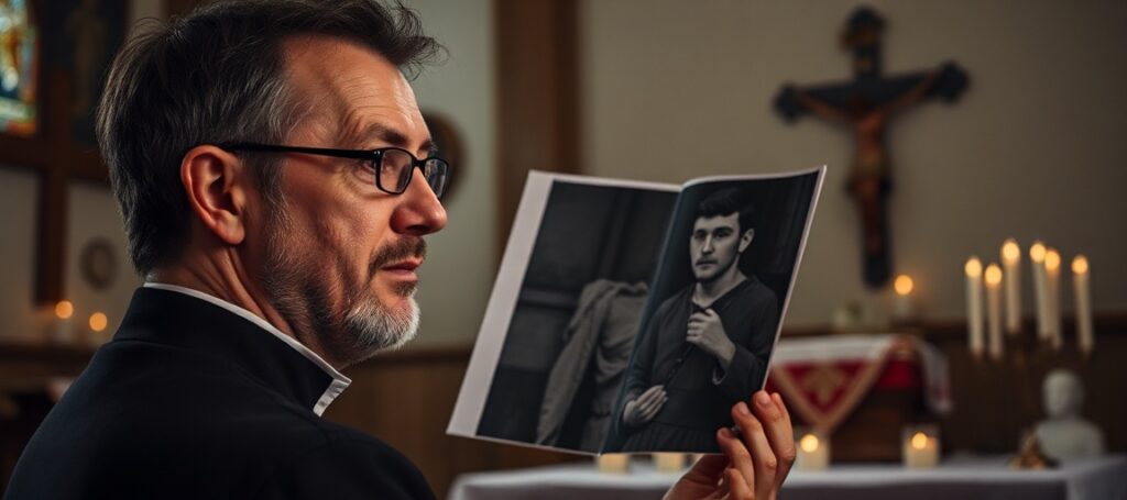 Obraz przedstawiający Marcina Wilkowskiego w tradycyjnym katolickim otoczeniu, rozmyślającego nad wpływem sztucznej inteligencji na pamięć historyczną.