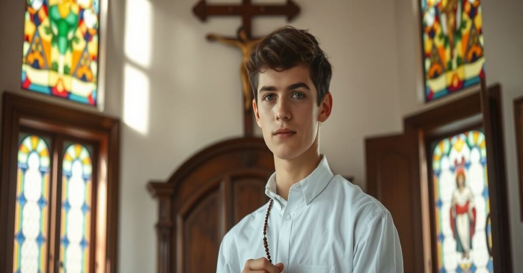 Portret Marca Gallo w tradycyjnym katolickim kaplicy z krzyżem i różańcem