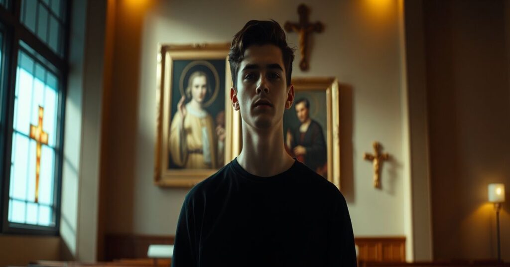 Wizerunek Marca Gallo w nowoczesnym kościele bez sakralnego podejścia, symbolizujący pustkę modernistycznej duchowości.