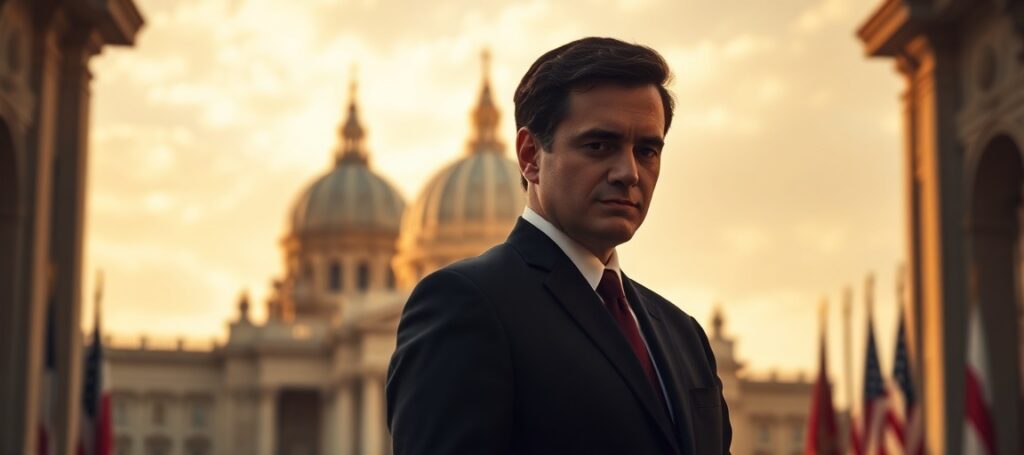 Marco Rubio stoi przed tradycyjnym kościołem katolickim z widokiem na kopułę Watykanu w tle. Scena symbolizuje konflikt pomiędzy polityką a królestwem Chrystusa.