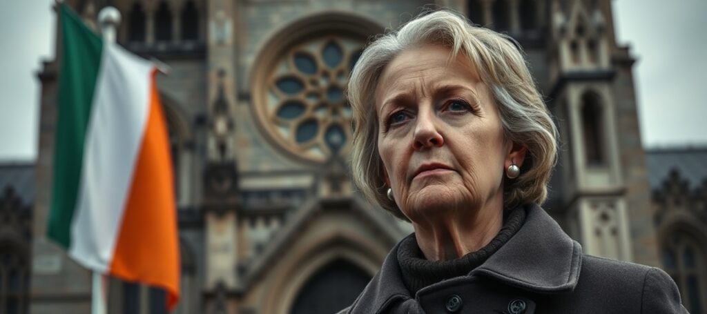 Portret Margaret Carpenter przed katedrą w Dublinie, symbolizujący upadek katolickiej Irlandii.