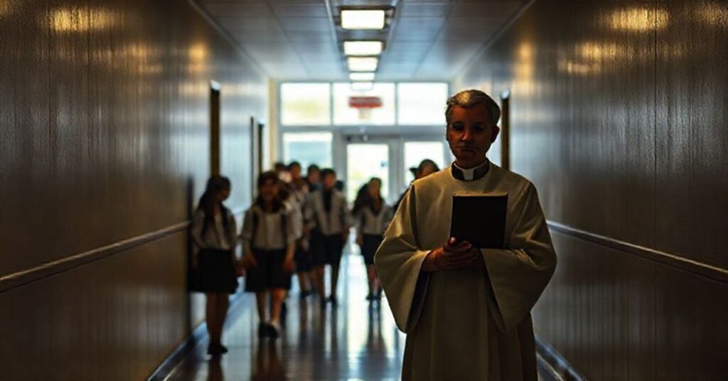 Katecheta trzymający Biblię w cieniu szkolnego korytarza podczas gdy uczniowie idą do jasno oświetlonego pokoju edukacji zdrowotnej.