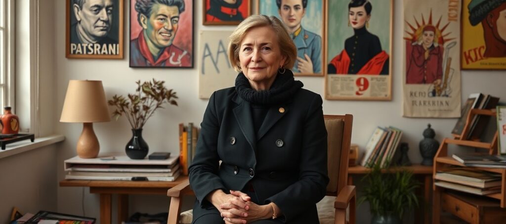 Portret artystki Marii Jaremy przed jej abstrakcyjnymi obrazami w Muzeum Sztuki Nowoczesnej w Warszawie.