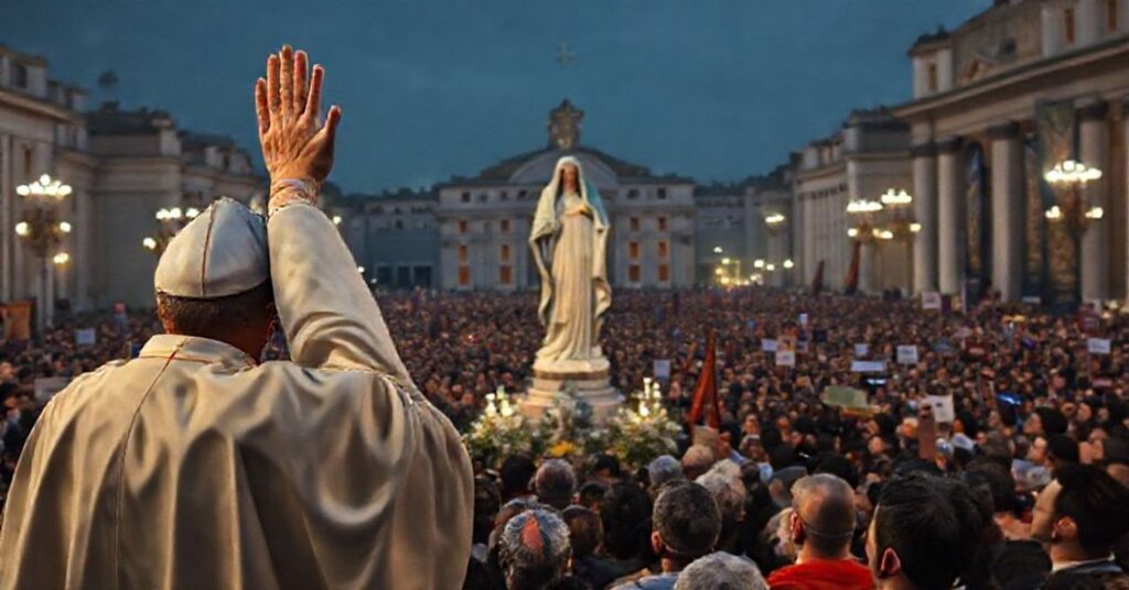 Uroczystość Jubileuszu "Maryjnych Duchowości" na Placu św. Piotra w Rzymie z fałszywym papieżem Leonem XIV i modernistyczną statuą Matki Boskiej z Fatimy