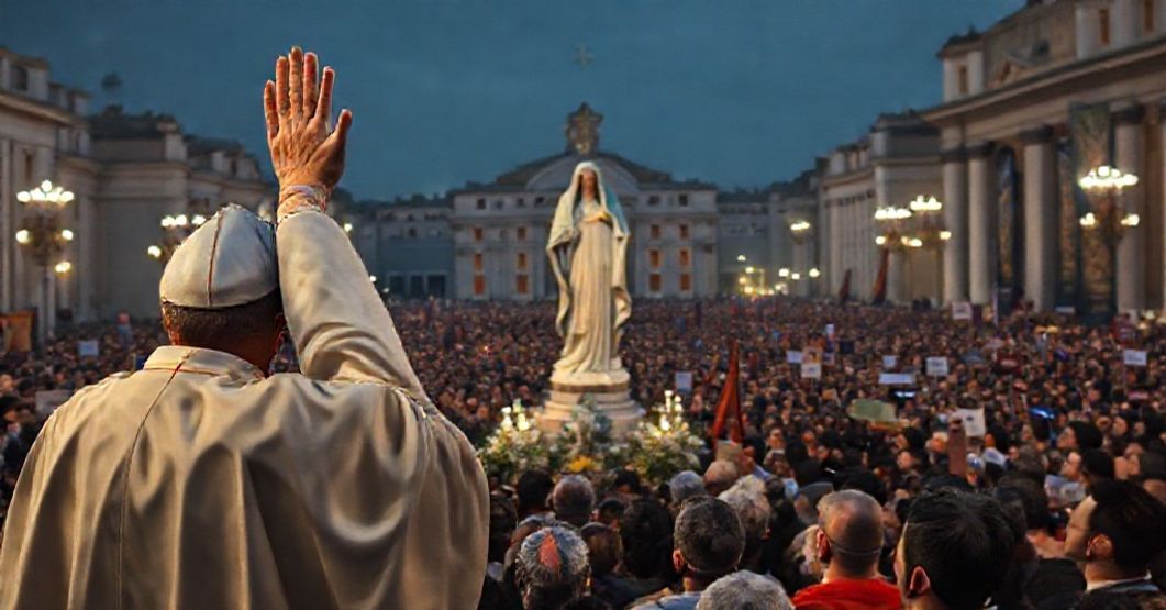Uroczystość Jubileuszu "Maryjnych Duchowości" na Placu św. Piotra w Rzymie z fałszywym papieżem Leonem XIV i modernistyczną statuą Matki Boskiej z Fatimy