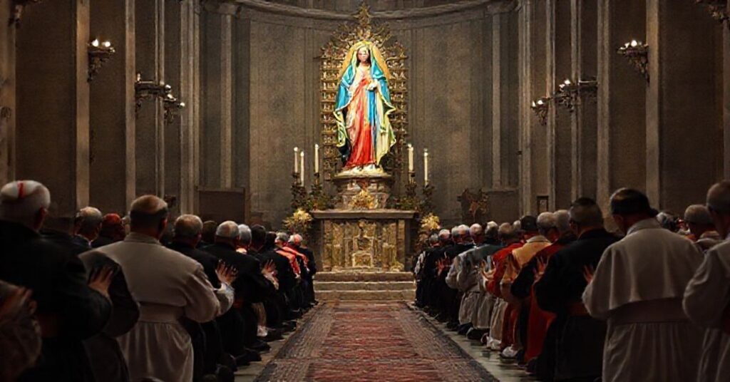 Tradycyjni mariolodzy modlący się przed rzeźbem Najświętszej Maryi Panni z tradycyjnymi tytułami "Współodkupicielki" i "Pośredniczki Wszystkich Łask"