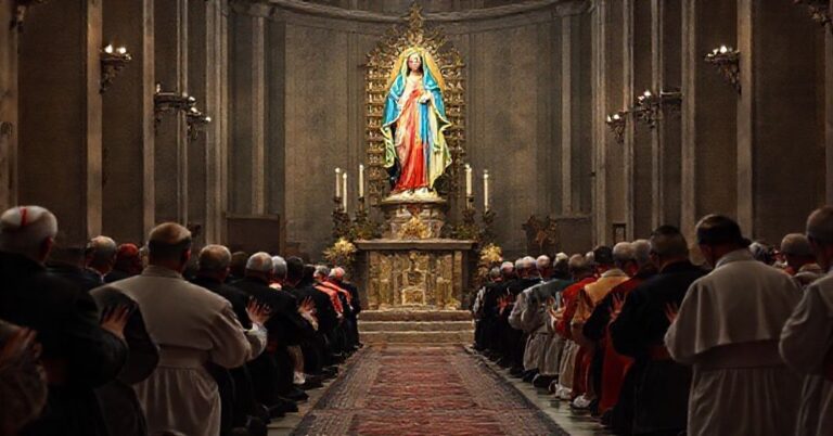 Tradycyjni mariolodzy modlący się przed rzeźbem Najświętszej Maryi Panni z tradycyjnymi tytułami "Współodkupicielki" i "Pośredniczki Wszystkich Łask"