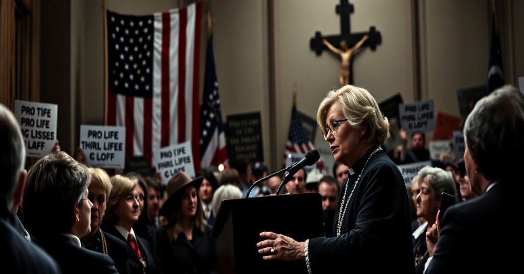 Marjorie Dannenfelser przemawia na zorganizowanym wydarzeniu w USA na temat ochrony życia i aborcji z katolickiej perspektywy