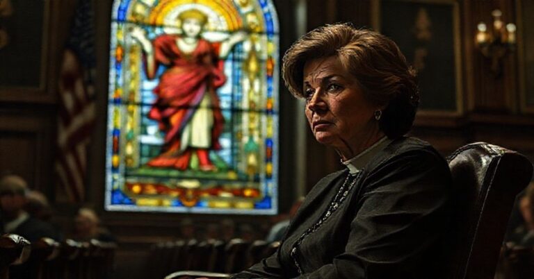 Marjorie Taylor Greene w sali Kongresu z wyraźnym niepokojem na twarzy, z tłem przedstawiającym Chrystusa Króla w witrażu.