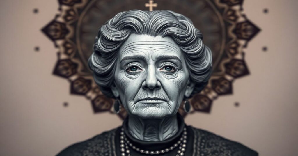 Marjorie Taylor Greene w kościele, tradycyjny katolicki wnętrze, ikona Chrystusa Ukrzyżowanego.