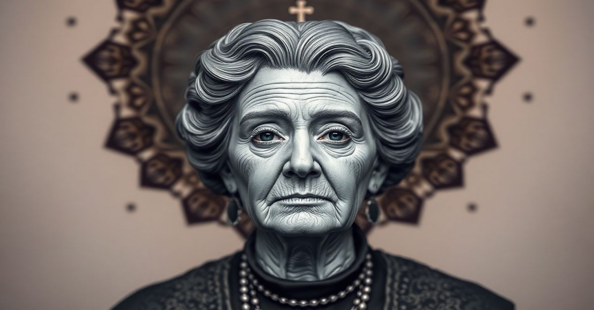 Marjorie Taylor Greene oskarża Trumpa o bluźnierstwo Marjorie Taylor Greene w kościele, tradycyjny katolicki wnętrze, ikona Chrystusa Ukrzyżowanego.
