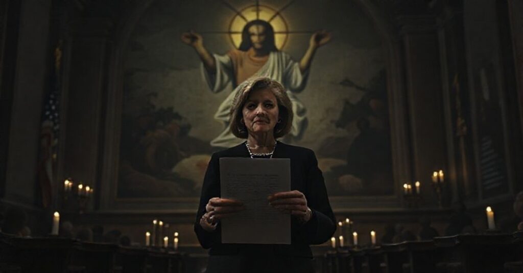 Marjorie Taylor Greene rezygnuje przed muralem Chrystusa Króla w neogotyckiej sali Kongresu