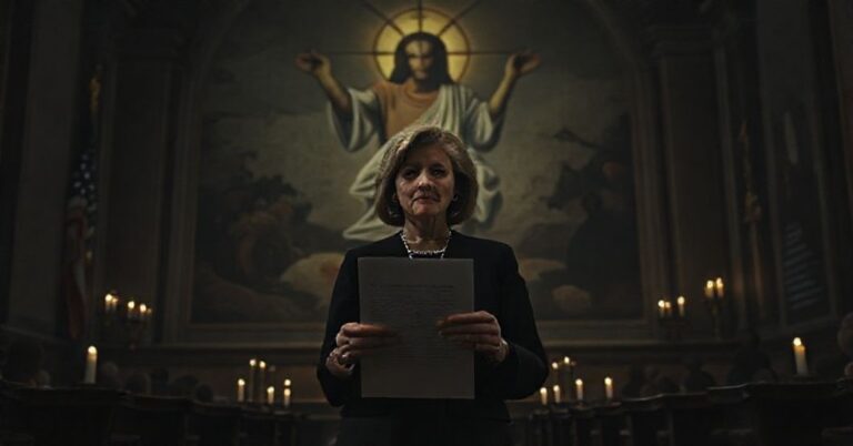 Marjorie Taylor Greene rezygnuje przed muralem Chrystusa Króla w neogotyckiej sali Kongresu