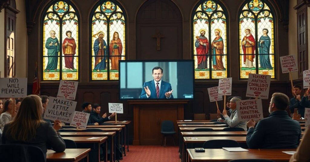 Mark Bray uczy w Rutgers University o neomarksizmie i antyfaszyzmu. Tło przedstawia kościół katolicki.