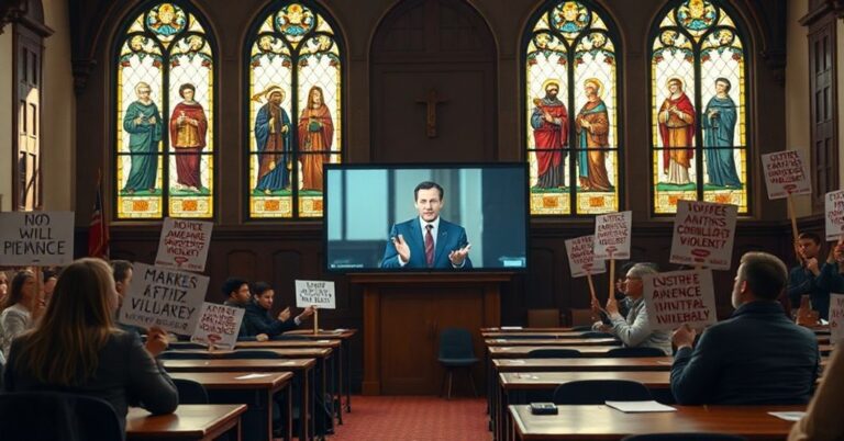 Mark Bray uczy w Rutgers University o neomarksizmie i antyfaszyzmu. Tło przedstawia kościół katolicki.