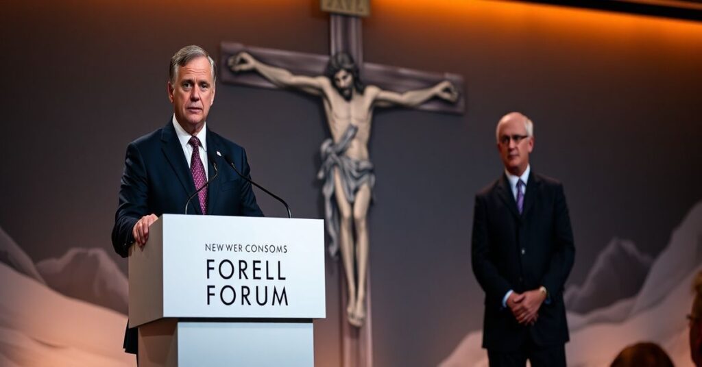 Zdjęcie przedstawia kanadyjskiego premiera Marka Carneya na World Economic Forum w Davos, gdzie wygłasza przemówienie o "nowym porządku światowym". Sekretarz skarbu USA Scott Bessent słucha krytycznie z widowni. Scena jest ciemno oświetlona z ciepłym złotym światłem.