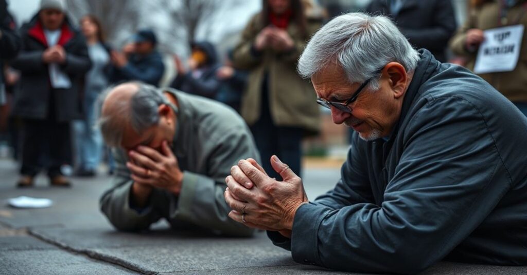 Marek Crosby i Dick Schaefer modląc się przed kliniką aborcyjną w Baltimore, pokazani w realistyczny i poważny sposób