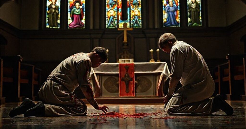 Mark Crosby i Dick modlą się przed ołtarzem w tradycyjnej katolickiej kaplicy po ataku na klinikę aborcyjną.