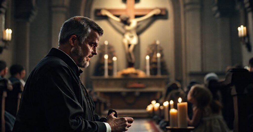 Mark Houck i jego rodzina modlą się w tradycyjnym koście przed ołtarzem w atmosferze pokuty i wiary