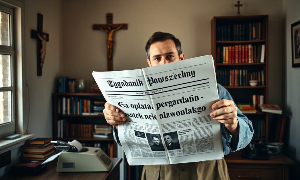 Marek Rabij trzymający 'Tygodnik Powszechny' w pokoju z krzyżem na ścianie
