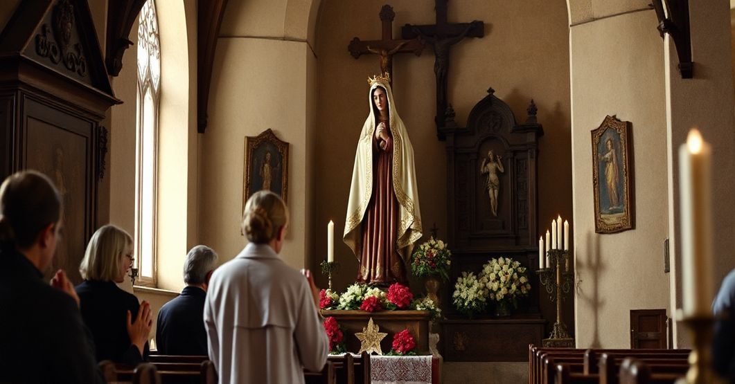 Stary drewniany obraz Matki Bożej w sanktuarium Markowickim, otoczony wiernymi i zapalonymi świecami, w tradycyjnym kościelnym wnętrzu.