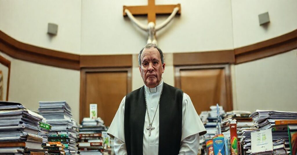 Ksiądz katolicki w biurze rządowym otoczony marnotrawstwem finansowym, symbolizującym odrzucenie panowania Chrystusa Króla