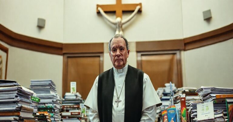 Ksiądz katolicki w biurze rządowym otoczony marnotrawstwem finansowym, symbolizującym odrzucenie panowania Chrystusa Króla