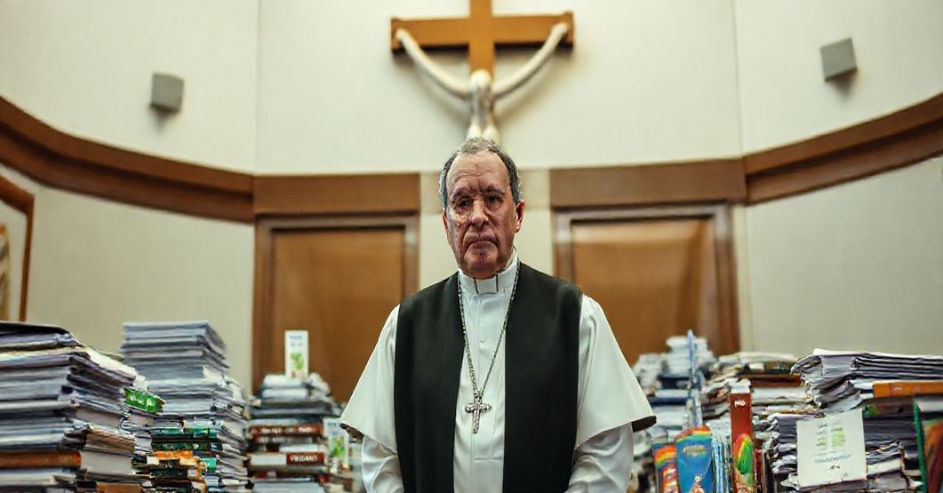 Ksiądz katolicki w biurze rządowym otoczony marnotrawstwem finansowym, symbolizującym odrzucenie panowania Chrystusa Króla