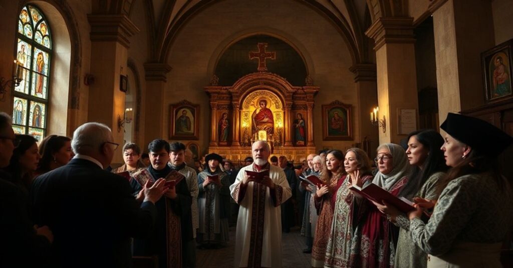 Grupa wiernych w kościele maronickim śpiewa kolędy tradycyjnie w strojach liturgicznych