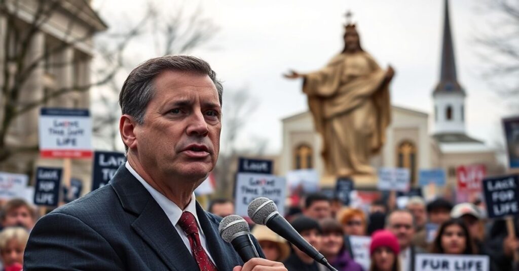 Kongresmen Chris Smith przemawia podczas Marszu dla Życia 2026 w Waszyngtonie z tłem tradycyjnej katolickiej statuy Chrystusa Króla