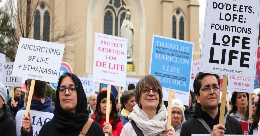Zgromadzenie katolików podczas Marszu dla Życia w Waszyngtonie w 2026 roku, z uczestnikami trzymającymi transparenty sprzeciwiające się aborcji i eutanazji. Na tle widoczna jest tradycyjna kościelna architektura z rzeźbą Matki Boskiej.