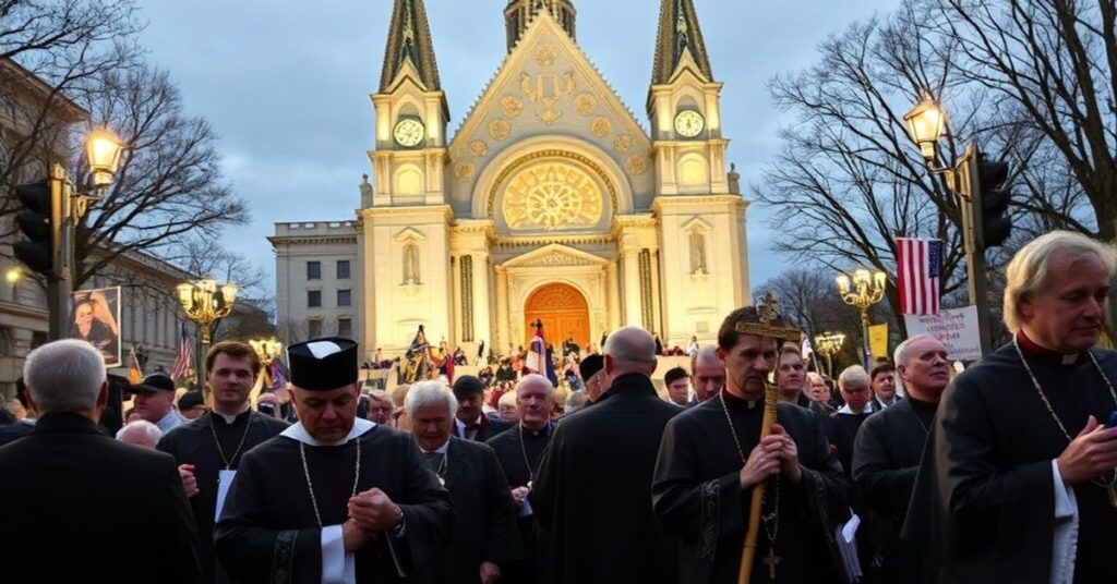Procesja katolicka podczas Marszu dla Życia 2026 w Waszyngtonie z heretycznymi mówcami na tle
