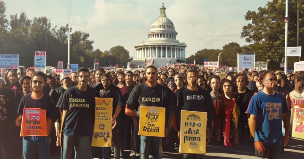 Młodzi mężczyźni na Marszu dla Życia w Waszyngtonie w 2026 roku, noszący koszulkę z napisem AMDG i trzymający plakaty 'Nie zabijajcie swoich dzieci!' i 'Będziemy mieć dzieci'