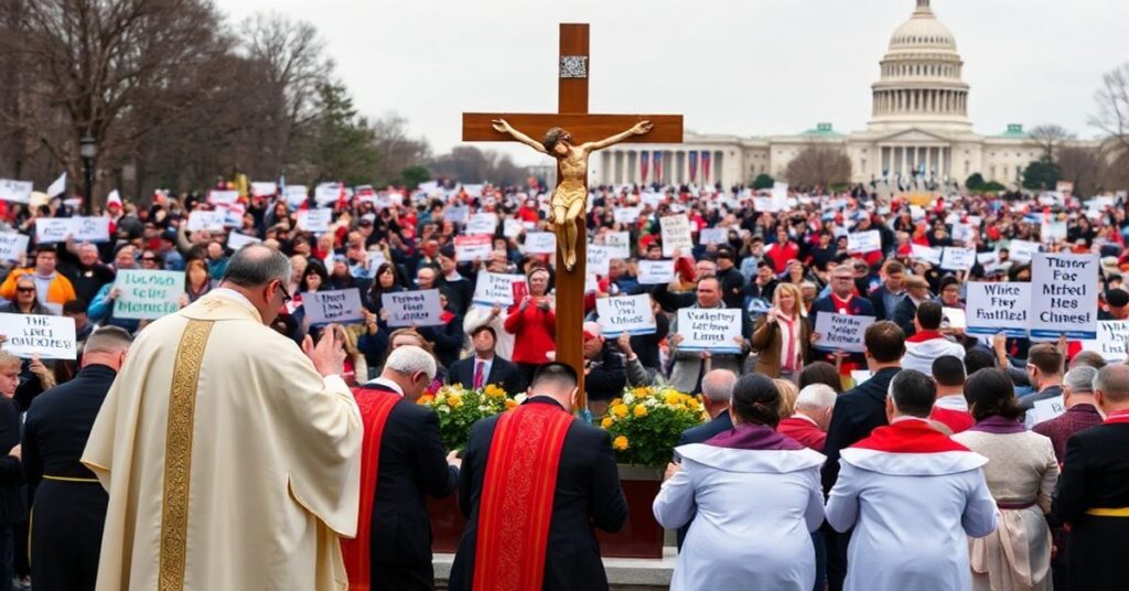 Grupa wiernych modli się przed krzyżem podczas Marszu dla Życia w Waszyngtonie w 2026 roku.