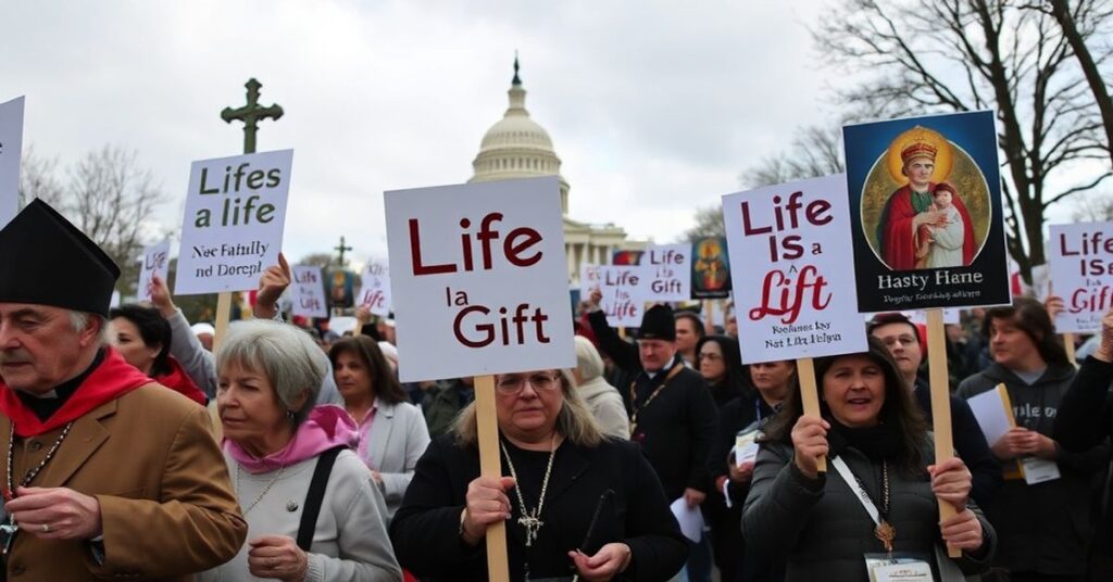 Realistyczny widok 53. Marszu dla Życia w Waszyngtonie w 2026 r., przedstawiający uczestników z obrazem Najświętszej Maryi Panny i dwuznacznymi hasłami pro-life.