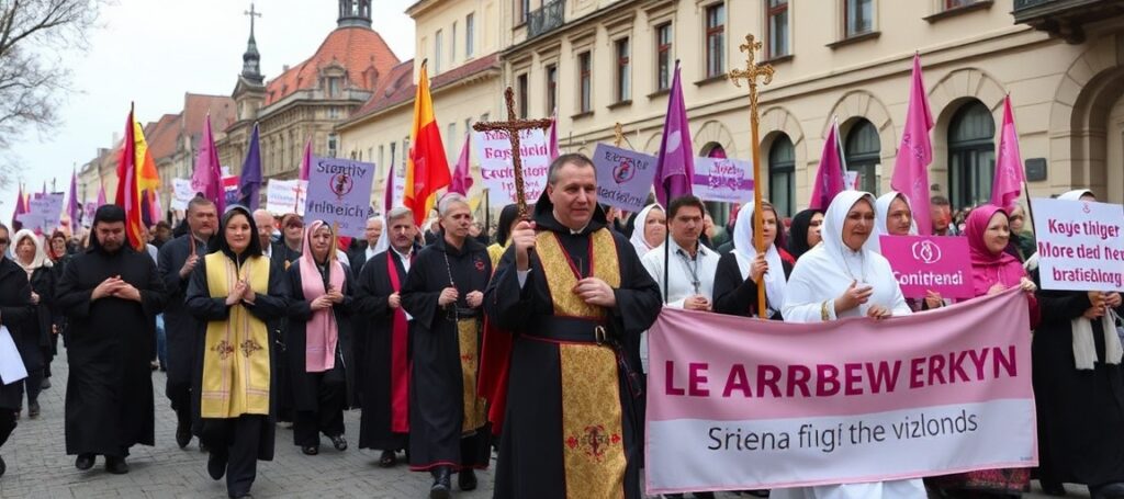 Procesja katolicka w Drezdenku z udziałem Kanoników Regularnych Laterańskich podczas Marszu dla Życia i Rodziny. Uczestnicy trzymają transparenty i krzyże, modlą się różańcem.