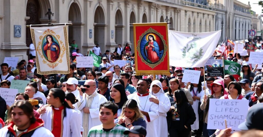Procesja katolicka w Meksyku podczas Marszu dla Życia, z duchownymi w tradycyjnych szatach liturgicznych i wiernymi z transparentami podkreślającymi królowanie Chrystusa Króla.