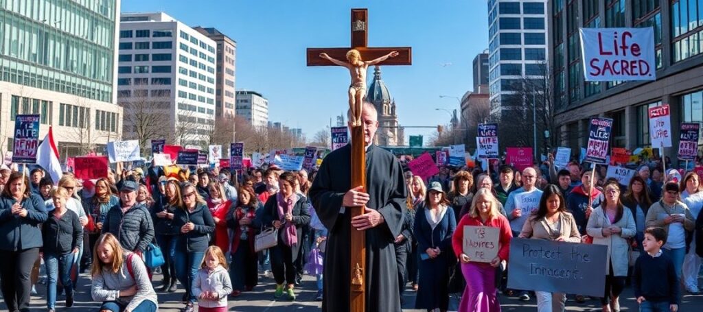 Uroczysty widok Marszu dla Życia w Ottawie w 2026 roku. Tłum pro-life aktywistów, w tym rodzin z dziećmi, marszuje ulicami miasta pod transparentami z hasłami 'Ochrona Niewinnych' i 'Życie jest Święte'. Atmosfera jest poważna i determinowana, niektóre osoby klęczą w ciszy modlitwy. Samotny tradycyjny ksiądz w sutannie i albie stoi na czele procesji, trzymając duży krucyfiks wysoko. W tle widoczne są współczesne budynki i jasny niebieski nieboso.