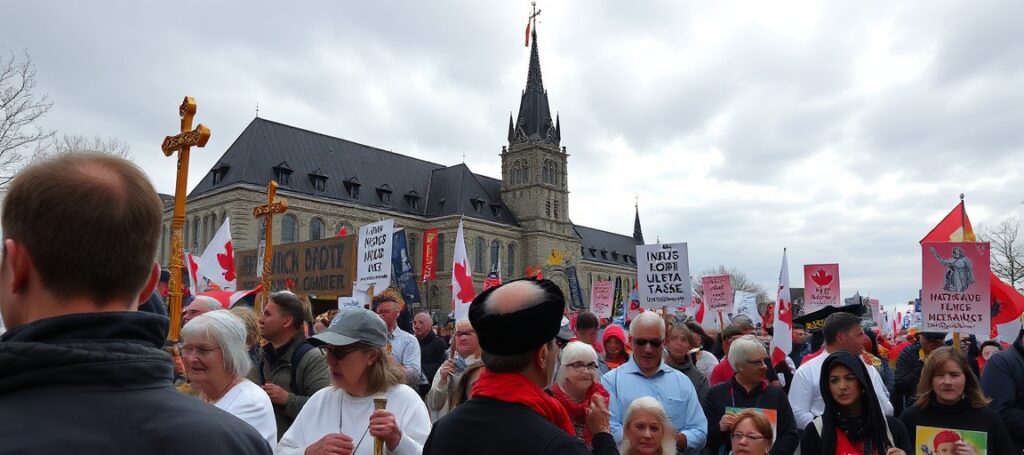 Zdjęcie przedstawiające tradycyjną mszę świętą podczas Marszu dla Życia w Ottawie z tysiącami katolików modlących się za życie nie narodzonych dzieci.
