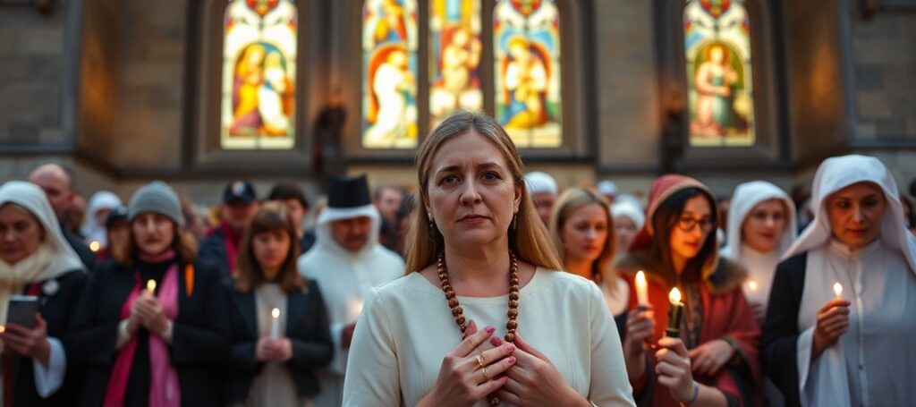 Rebecca Kiessling podczas Marszu dla Życia w Ottawie - katolicka aktywistka pro-life modli się przed kościołem z różańcem w ręku