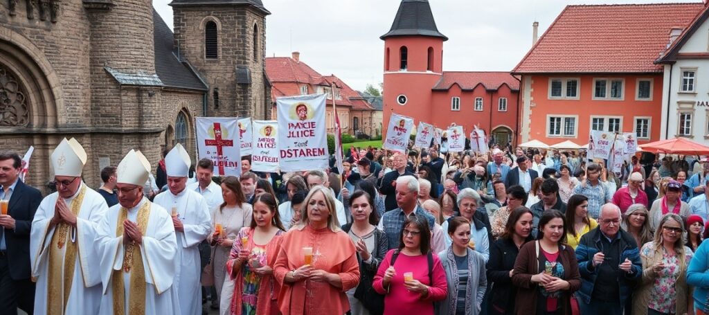 Uroczysty marsz katolików w Drezdenku z hasłem 'Życie jest darem,' prowadzony przez Kanoników Regularnych Laterańskich pod przewodnictwem ks. Pawła Greń CRL.