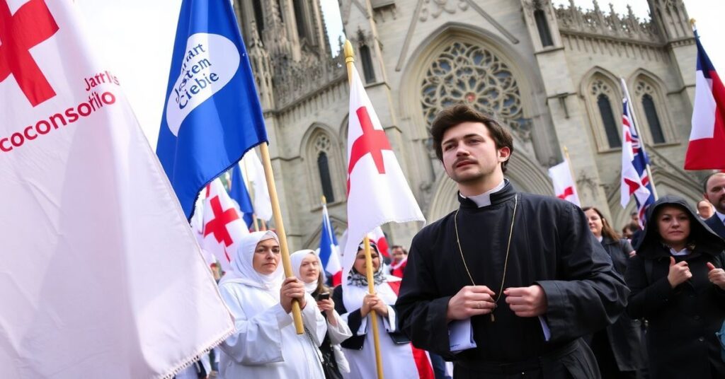 Procesja Katolicka podczas Marszu dla Życia w Szczecinie - tradycyjni wierni modlący się przed bazyliką archikatedralną.