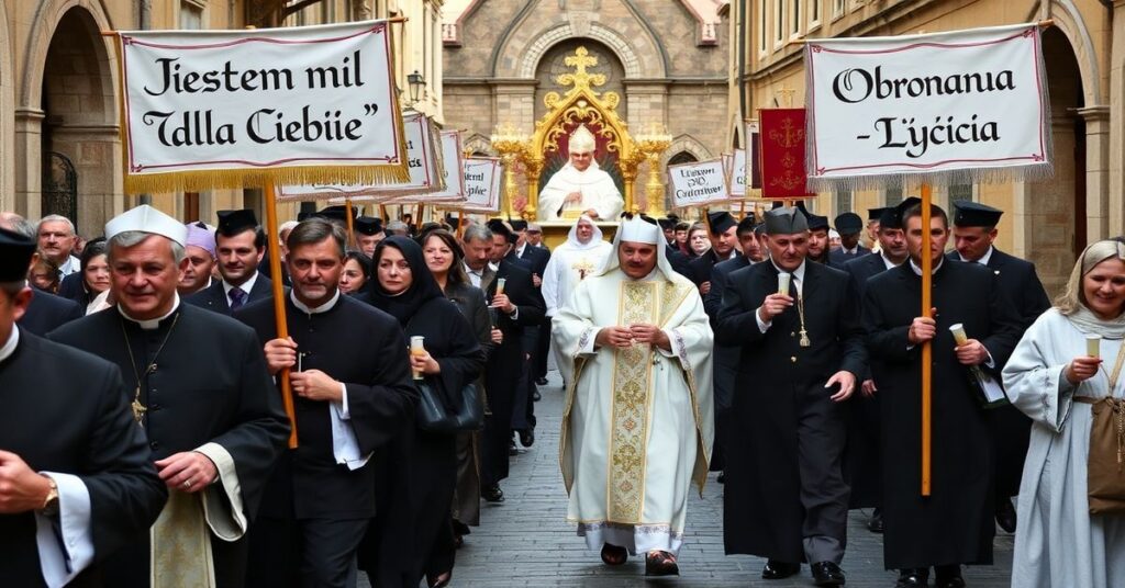 Procesja tradycyjnych katolików podczas Marszu dla Życia w Szczecinie z udziałem kapłanów w tradycyjnych szatach liturgicznych.
