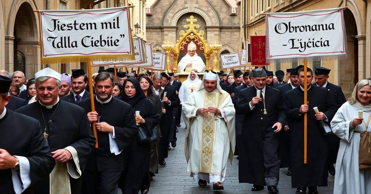 Procesja tradycyjnych katolików podczas Marszu dla Życia w Szczecinie z udziałem kapłanów w tradycyjnych szatach liturgicznych.
