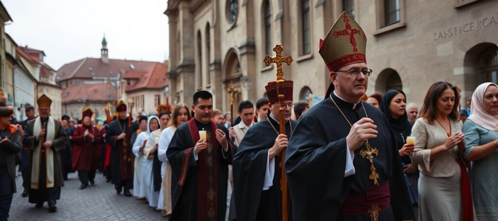 Uczestnicy marszu dla życia w Toruniu modlą się podczas procesji w Starym Mieście