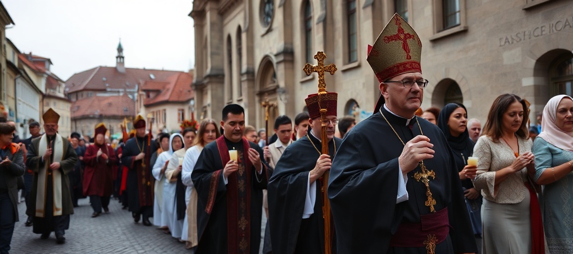 Uczestnicy marszu dla życia w Toruniu modlą się podczas procesji w Starym Mieście