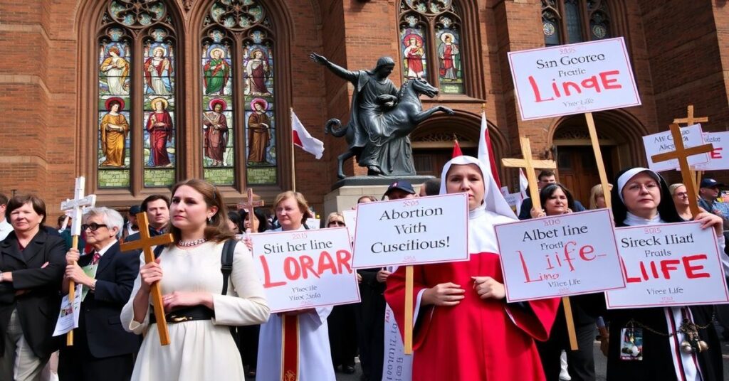 Pielgrzymka katolicka przeciwko aborcji w Wirginii: uczestnicy z krzyżami i transparentami marszują w pobliżu kościoła.
