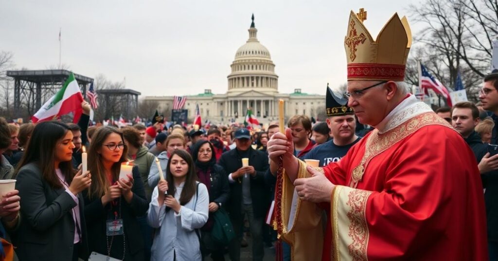 Czternaście osób uczestniczących w Marszu na rzecz Życia 2026 w Waszyngtonie z udziałem księży w tradycyjnych szatach liturgicznych podczas Mszy św. trydenckiej.