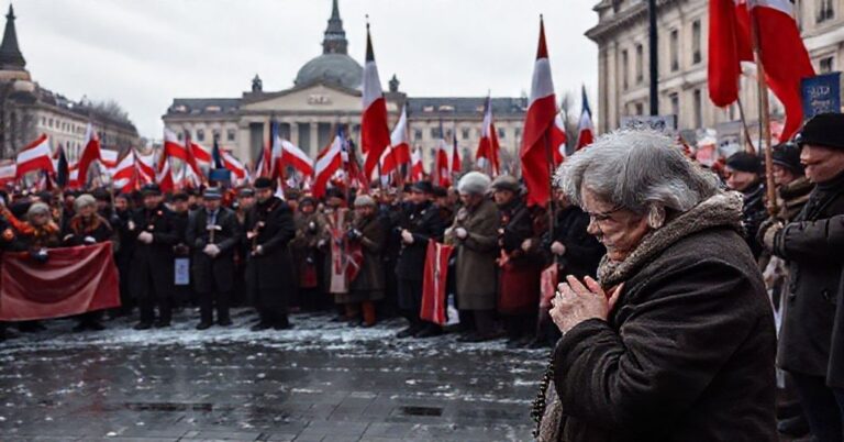 Realistyczny obraz Marszu Niepodległości w Warszawie w 2025 roku widziany z sedewakantystycznego punktu widzenia katolickiego