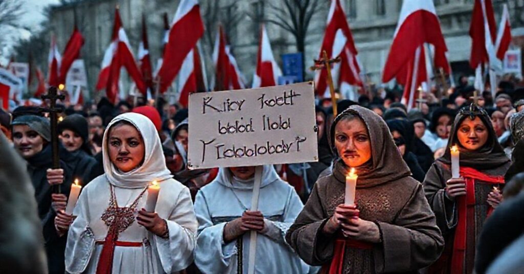 Uroczysty marsz katolików podczas Marszu Niepodległości z hasłem "Kto ty jesteś? Polak mały!" przedstawiający dramat aborcji i duchowej apostazji Polski.